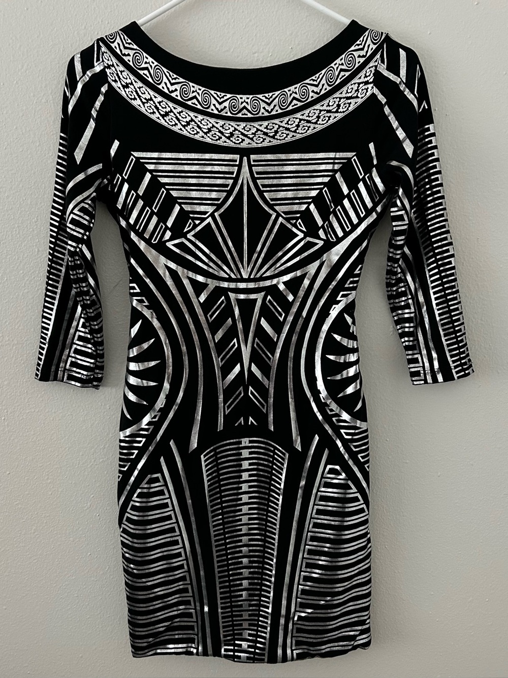 Vintage Y2K Arden B Black Silver Aztec Bodycon Mini Dress Women’s S Keyhole Back